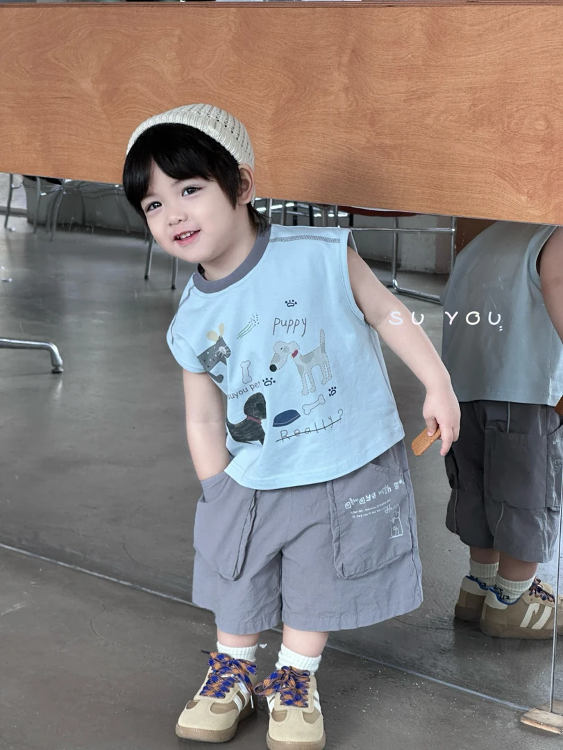 苏右童装2025夏季新款男童小童宝宝韩版卡通小狗背心T恤牛仔短裤