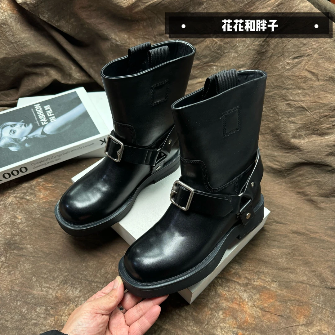 【NMD】牛皮短靴时尚百搭黑色真皮骑士鞋880-7黑色