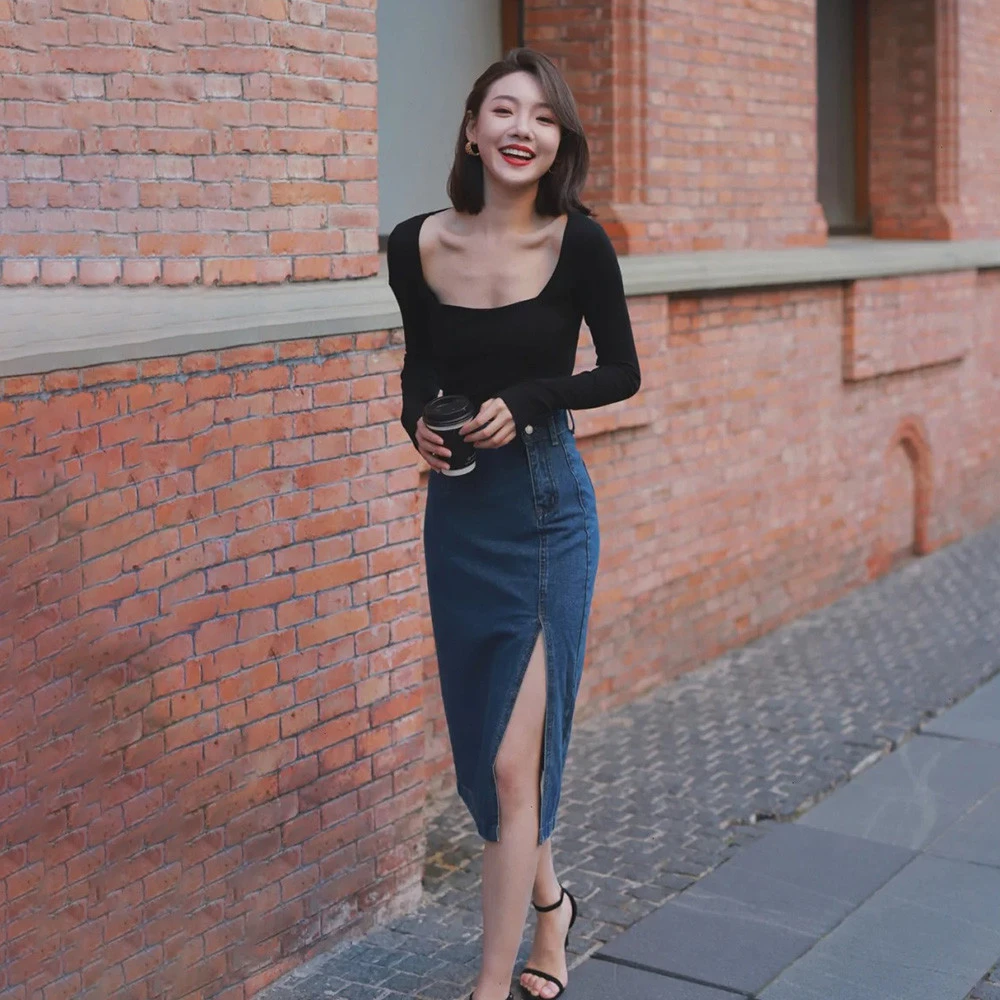 黑色方领长袖恤女2025修身显瘦辣妹内搭打底衫牛仔半身裙套装女