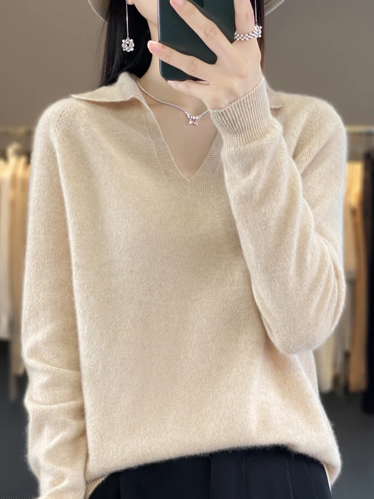 100羊毛一线成衣polo领长袖羊毛针织打底衫女