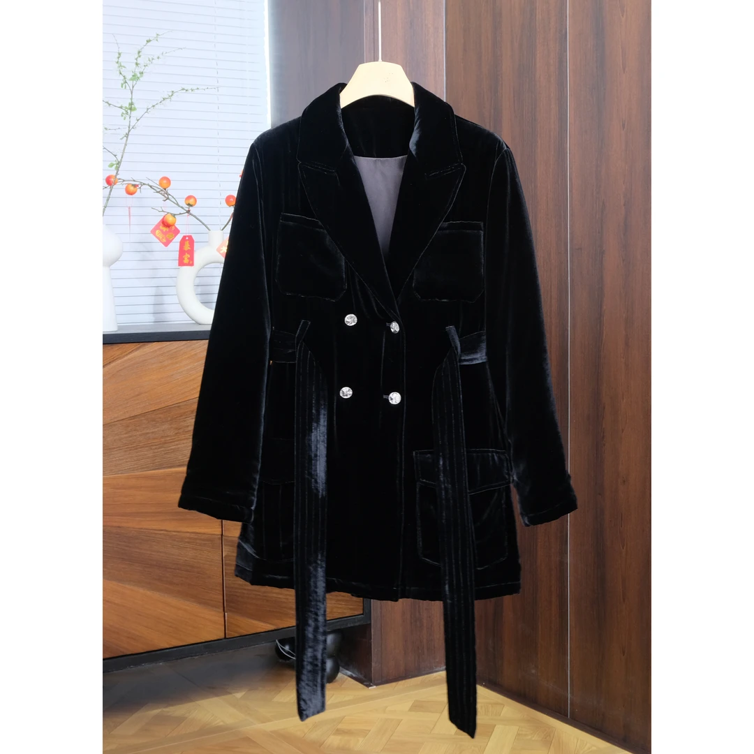 真丝丝绒西装领棉服外套系带收腰中长款外套冬款保暖桑蚕丝棉服