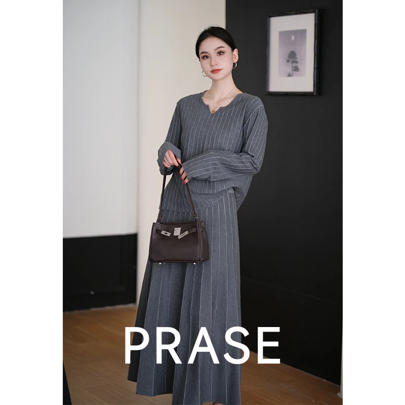 PRASE·噜【智恩套装】微胖轻奢设计款秋羊毛条纹毛织套装PR507E42/3