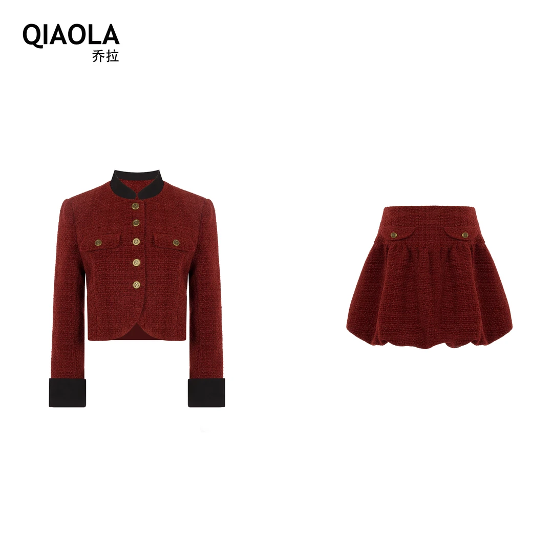 QIAOLA/乔拉【星云玫瑰】秋冬小香风粗花呢单排扣小立领套装预售