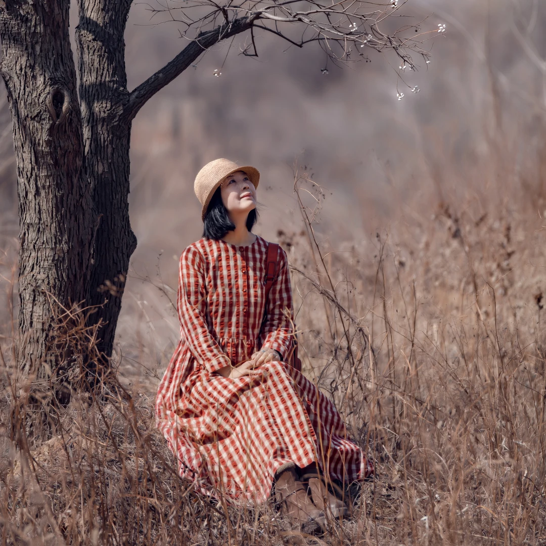 JJSY25014君家三月春季经典格纹纯棉连衣裙(腰带可系可解）