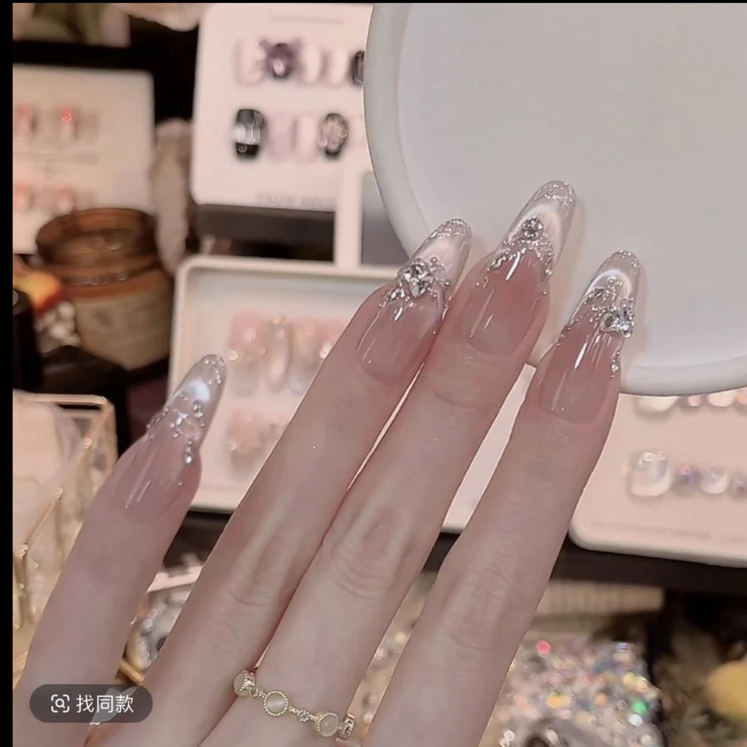 【星光闪闪】新款纯手工穿戴甲纯欲猫眼带钻美甲贴长款穿戴甲短款