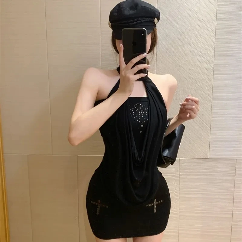 纯欲性感黑色荡领挂脖连衣裙女夏季高级感辣妹修身显瘦包臀短裙子