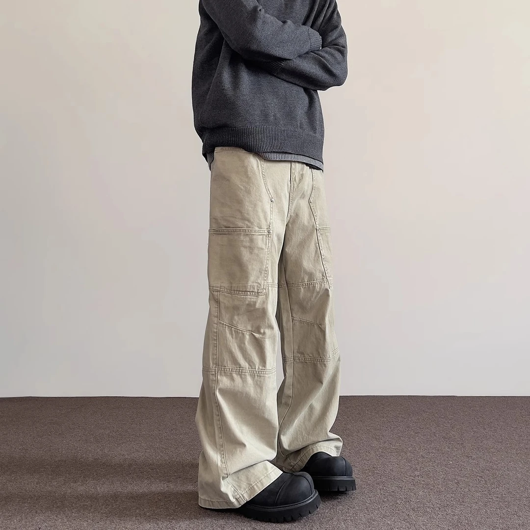 美式高街cleanfit做旧街头黑色工装裤男女直筒微喇显瘦休闲裤潮