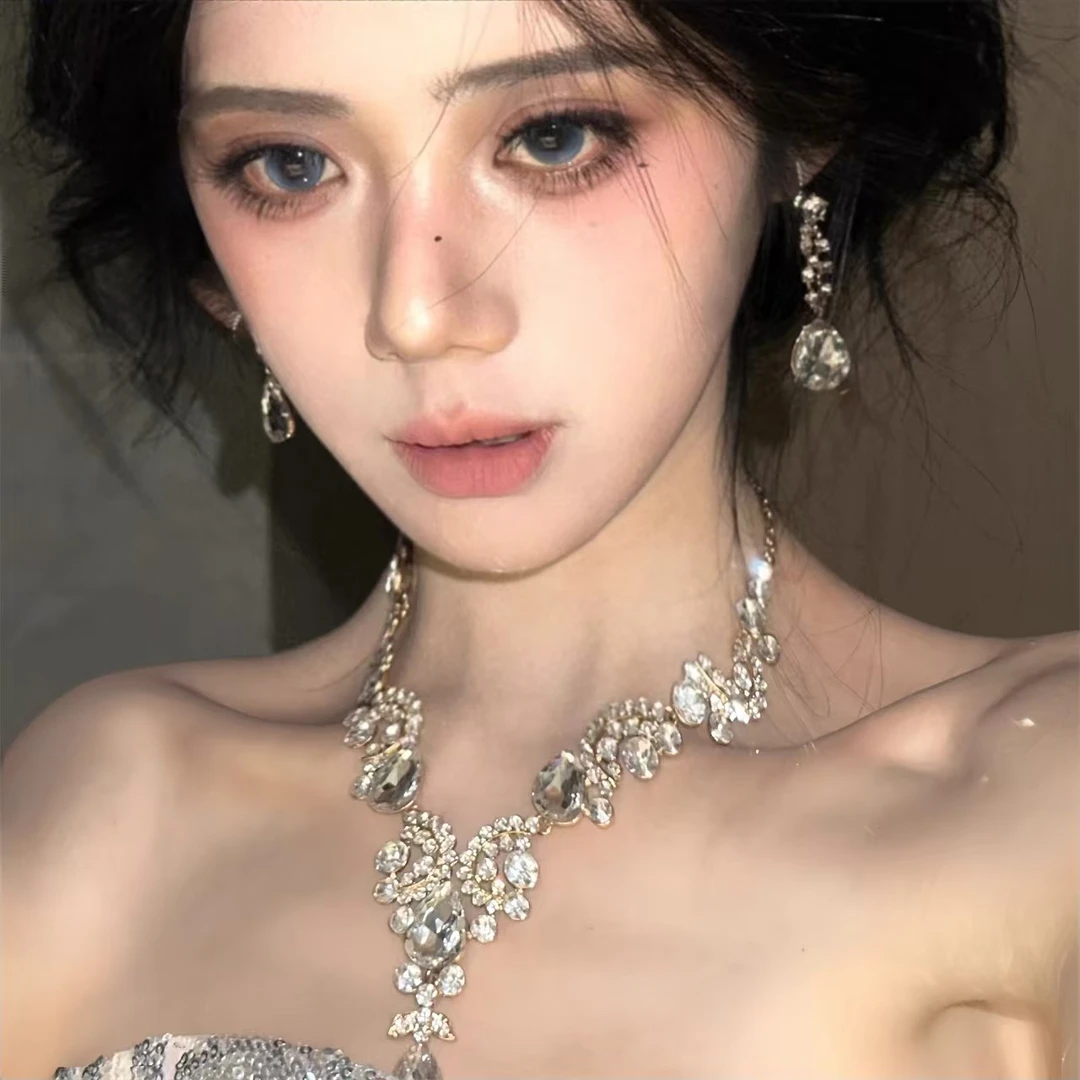 钛钢锆石项链 奢华项链耳环套装