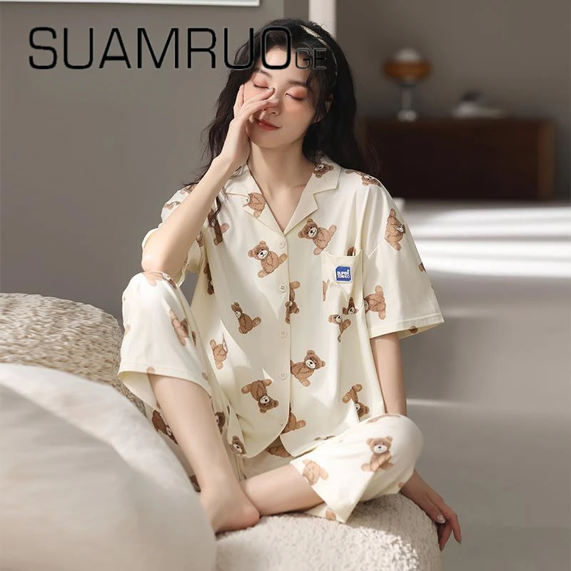 韩版大码睡衣女夏季薄款宽松短袖纯棉夏天卡通可爱开衫家居服套装