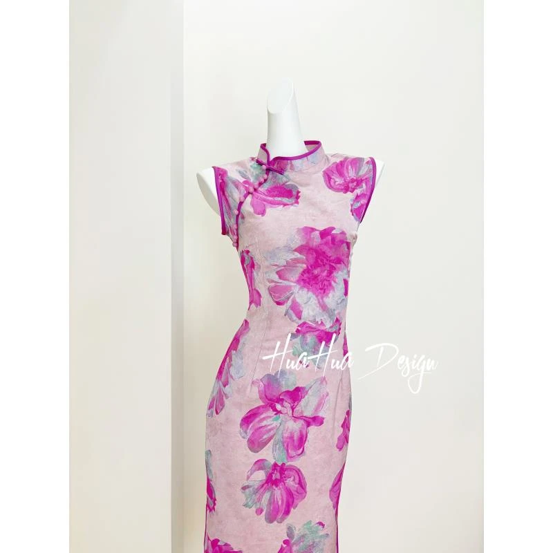 【花叶初凝】夏季植物花卉无袖低领日常新中式旗袍气质少女长120