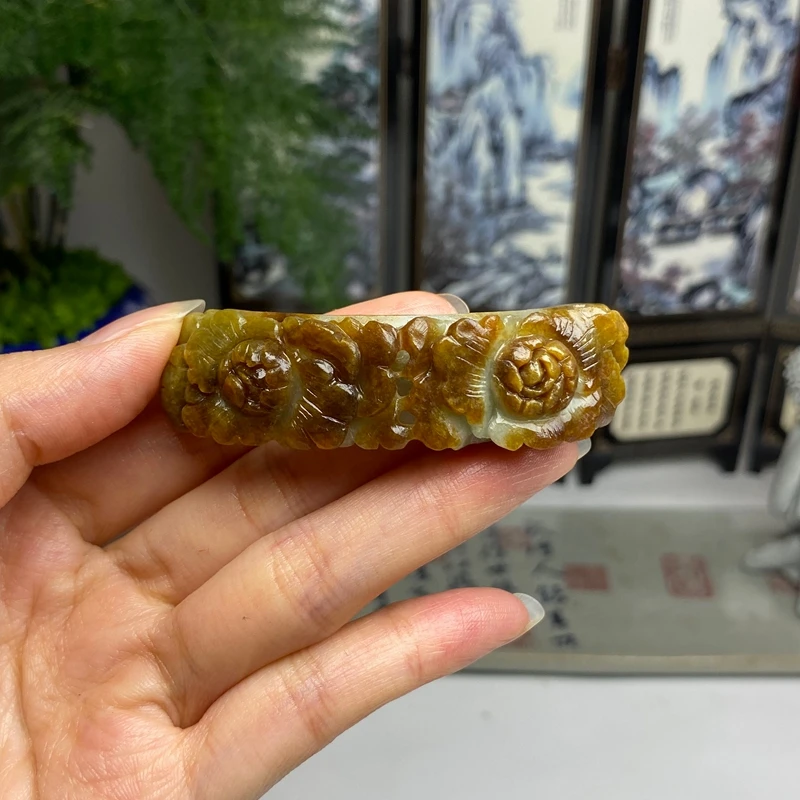 毛货 俏色红翡花开富贵手牌花件 天然翡翠A货