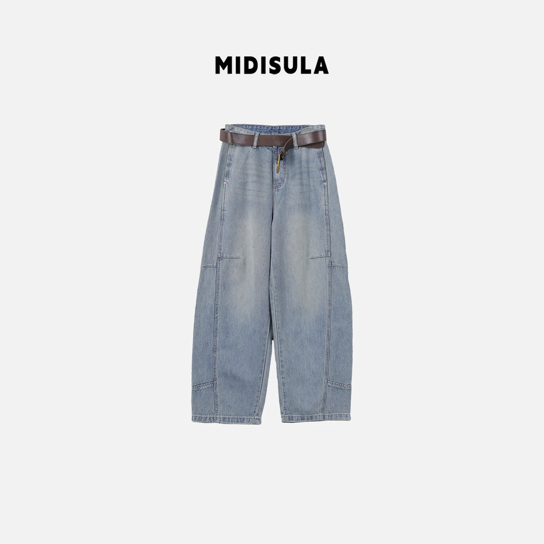 蜜地苏拉&新款牛仔裤两线纹简约款弯刀牛仔裤#79098