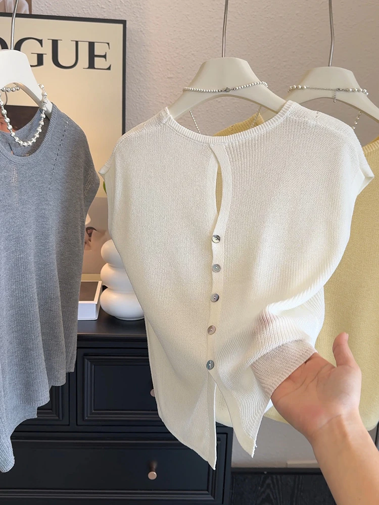 后背镂空设计感气质针织衫女薄款圆领短袖T夏季百搭显瘦短款上衣