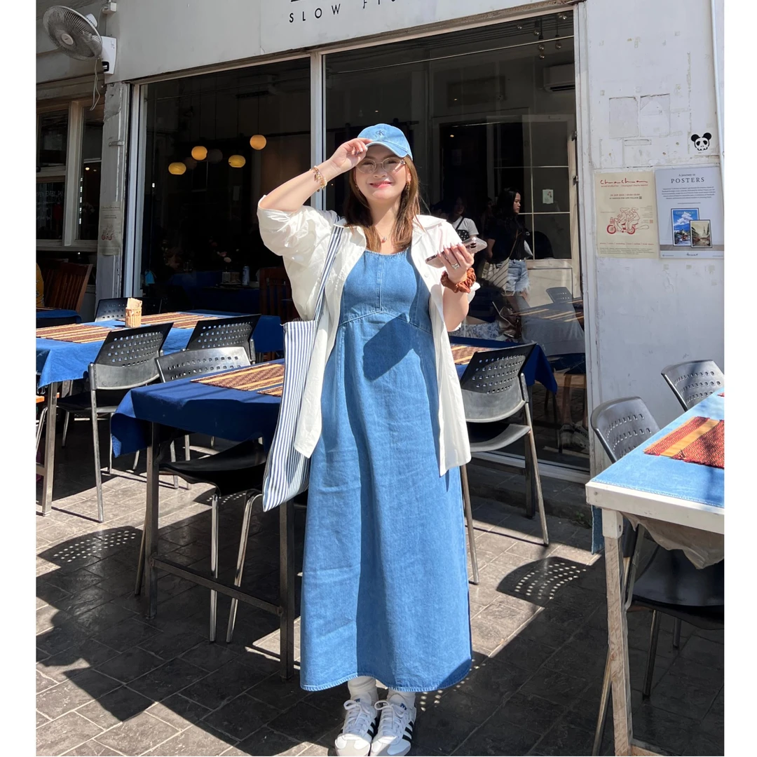 裂渡杨杨【海风物语】微胖大码女装夏显瘦U领牛仔连衣裙ZY501K18
