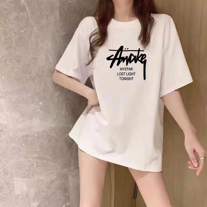 夏季短袖平口下摆T恤女中长款白色宽松时尚2025年夏新款简约印花
