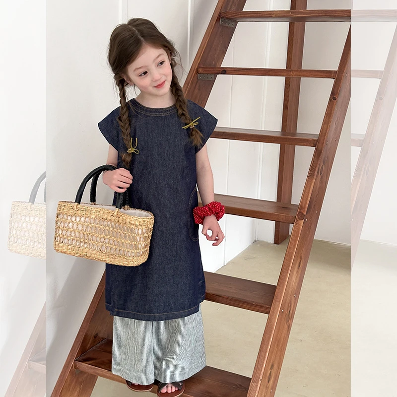 2025童装女童宝宝韩版长款裙子简约时髦防褪色牛仔碎花连衣裙小童