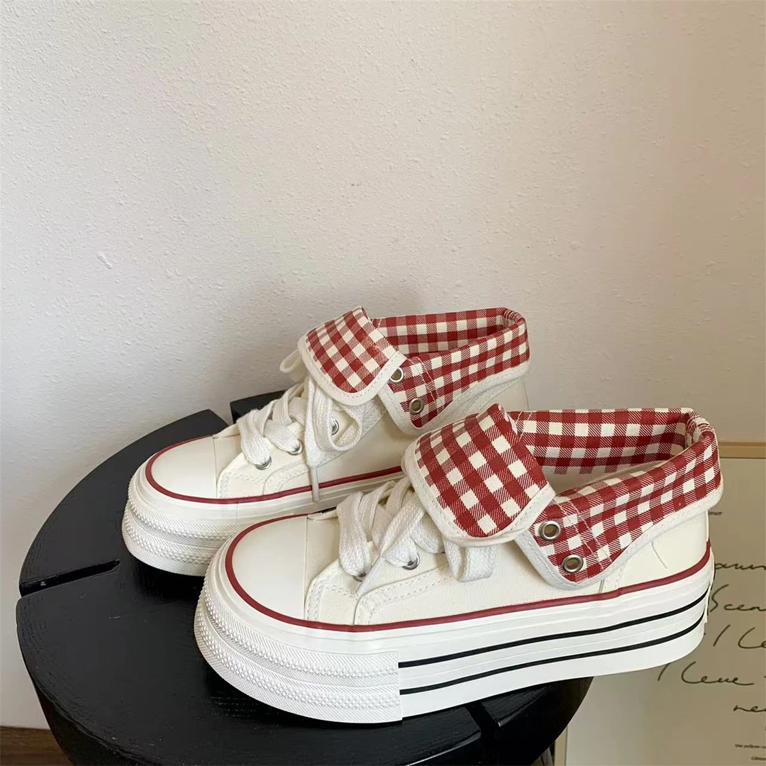 厚底两穿帆布鞋学院2025新款时尚厚底格子小众ins潮设计休闲百搭