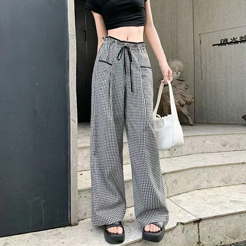 2025夏季新款时尚修身百搭垂感直筒裤女黑白格纹高腰显瘦阔腿裤女