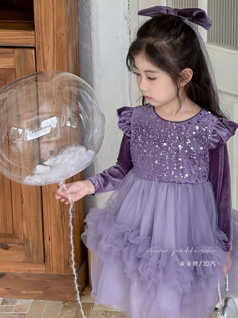 女童2025年秋季新款女宝宝少女风森系蝴蝶结发饰丝绒公主连衣礼服