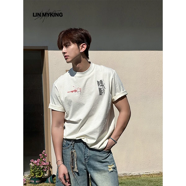 LIN MYKING 美式复古高级感痞帅圆领棉印花宽松短袖T恤上衣男夏