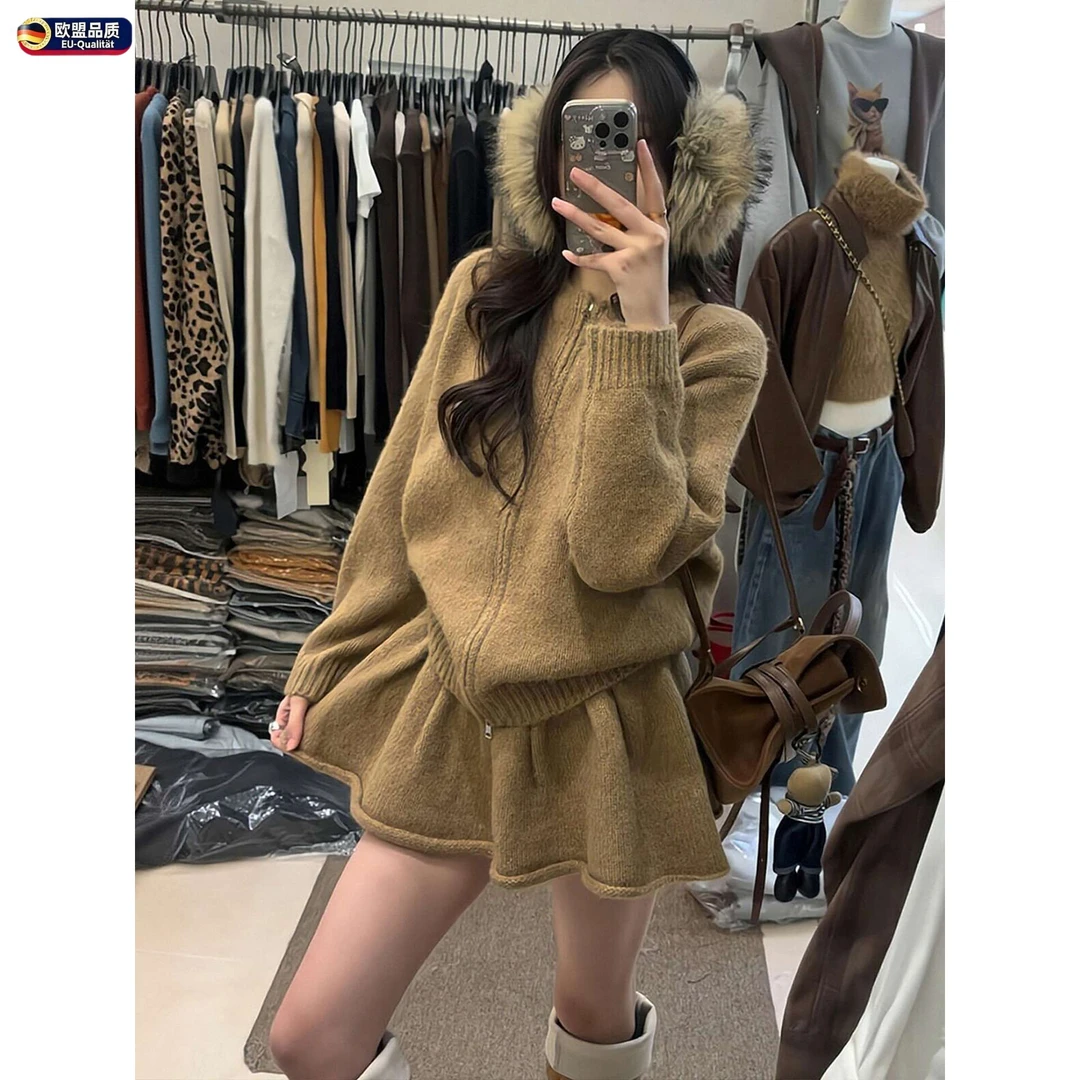 2026秋冬新款韩系巨好看的慵懒风软糯针织开衫韩系慵懒羊羔毛套装