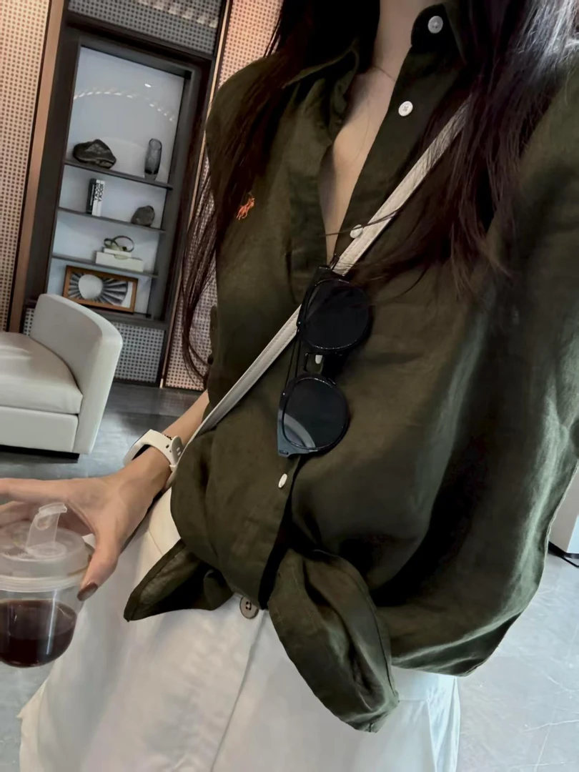 韩系夏季新款休闲百搭时髦洋气军绿色衬衫休闲百搭上衣高腰短裤