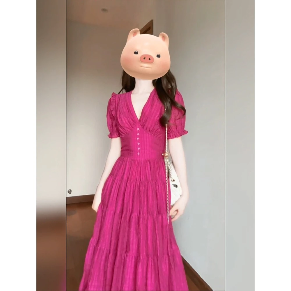 法式茶歇V领泡泡袖连衣裙女夏季度假风高级感气质收腰显瘦长裙子