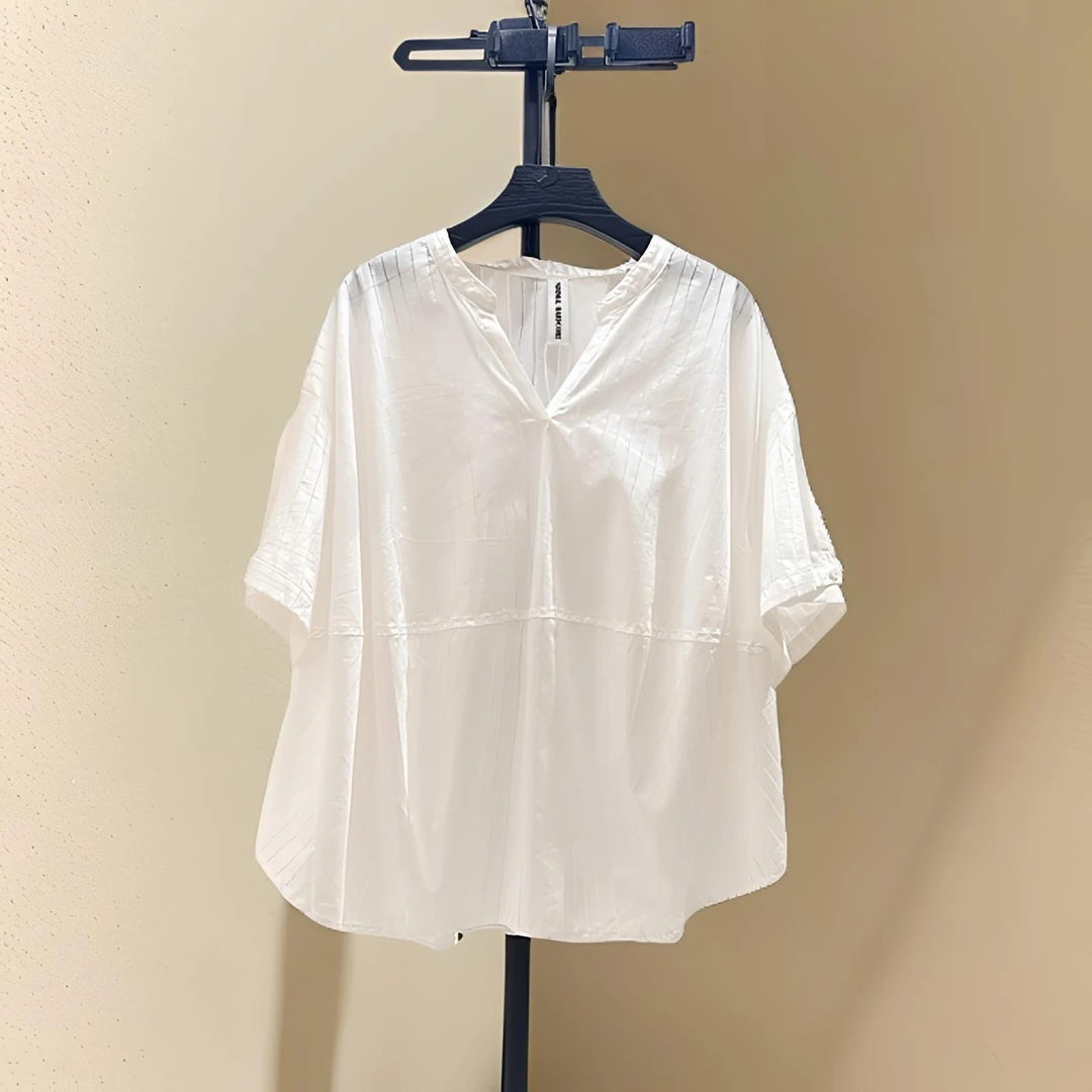 极简白色丝棉拼接通勤百搭V领宽松衬衫褶皱时尚夏开叉纯棉女衬衫