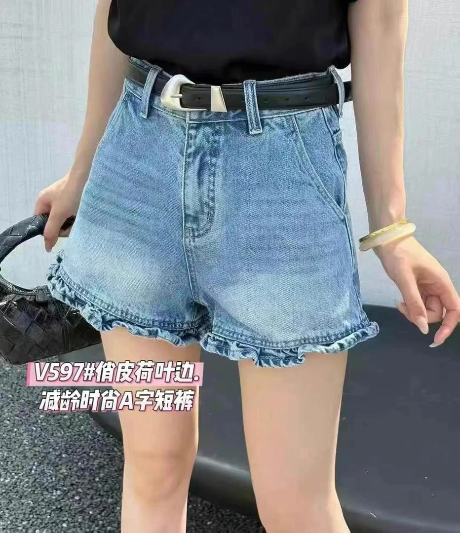 2995夏季新款百搭高腰宽松韩版荷叶边牛仔短裤女显瘦热裤