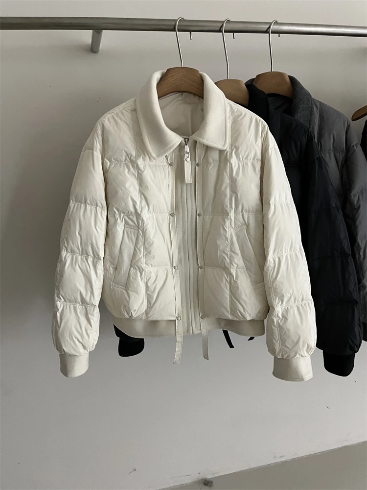 韩版宽松设计感小众毛呢拼接假两件短款羽绒服女翻领90白鸭绒外套
