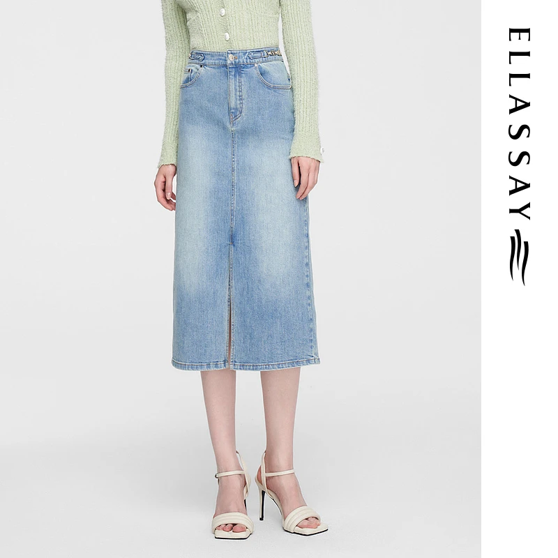 ELLASSAY歌力思棉感牛仔直筒裙开叉水复古半身裙EWW351N07000