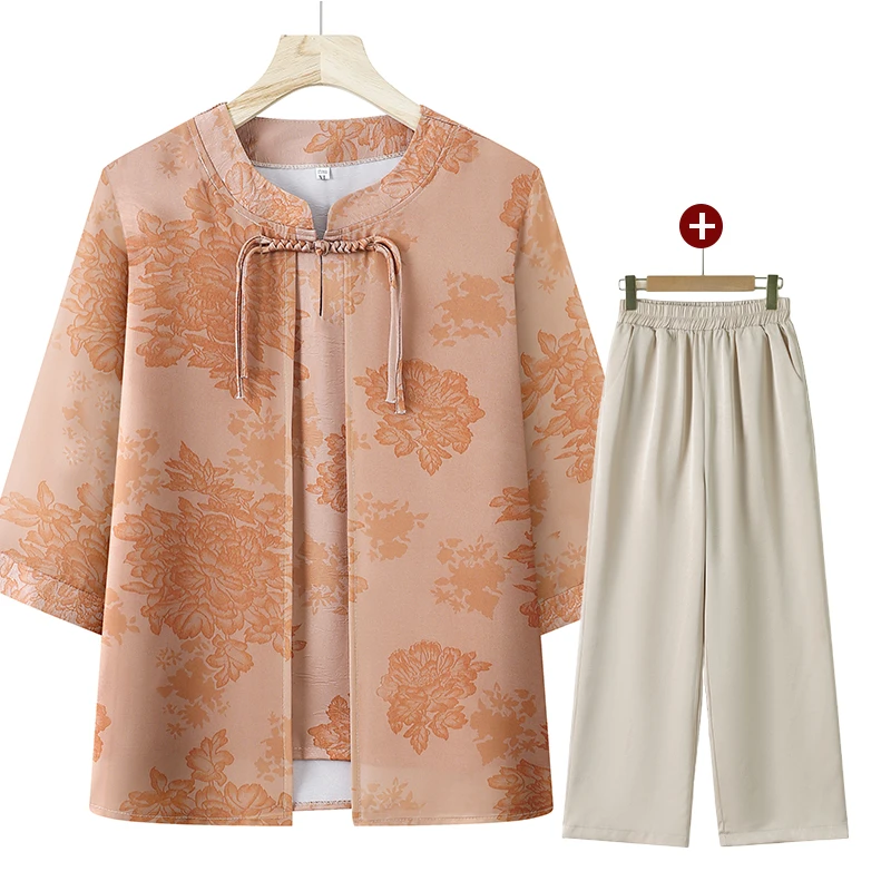 国风新中式妈妈装夏装套装七分袖假两件上衣中老年人女衣服两件套
