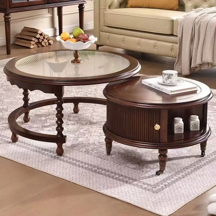 法式实木复古茶几美式中古风家用客厅小户型圆形组合边几胡桃色