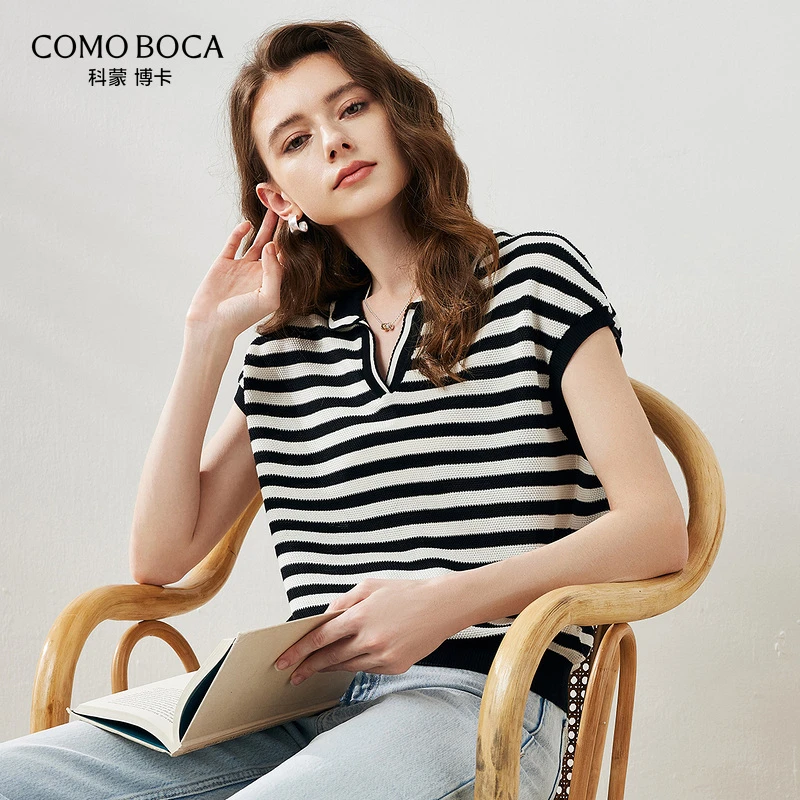 COMOBOCA/科蒙·博卡春夏条纹球衣短袖针织女上衣桑蚕丝T恤KST1017