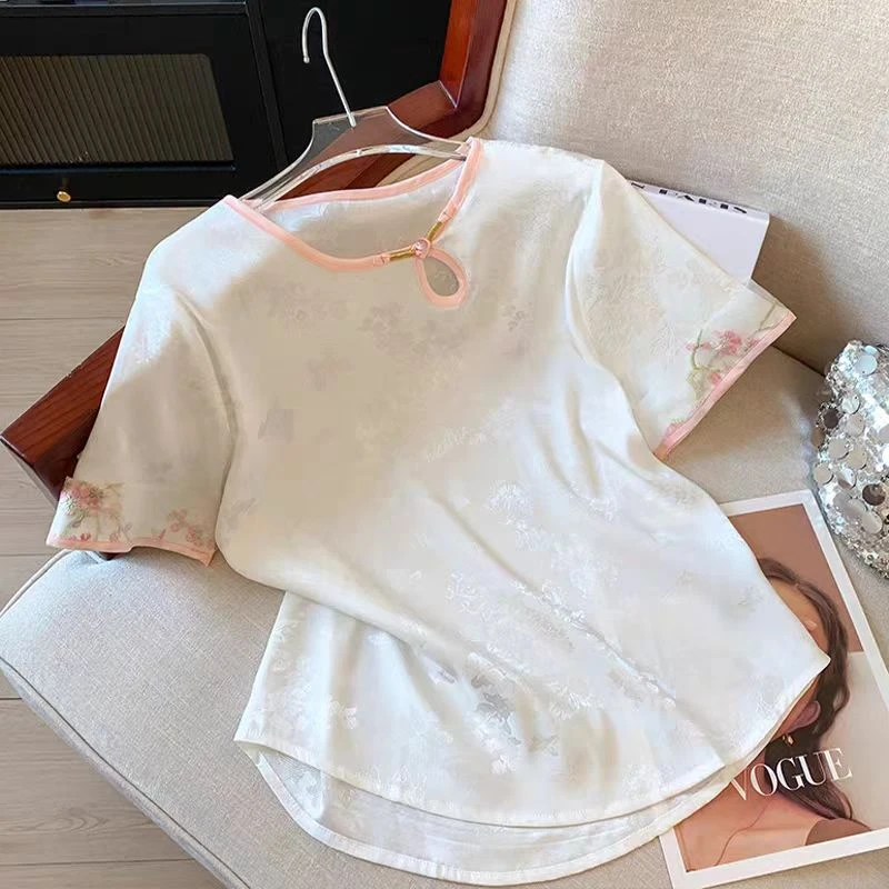 322新中式复古提花圆领小衫T恤衫刺绣短袖高级感复古小众简约百搭