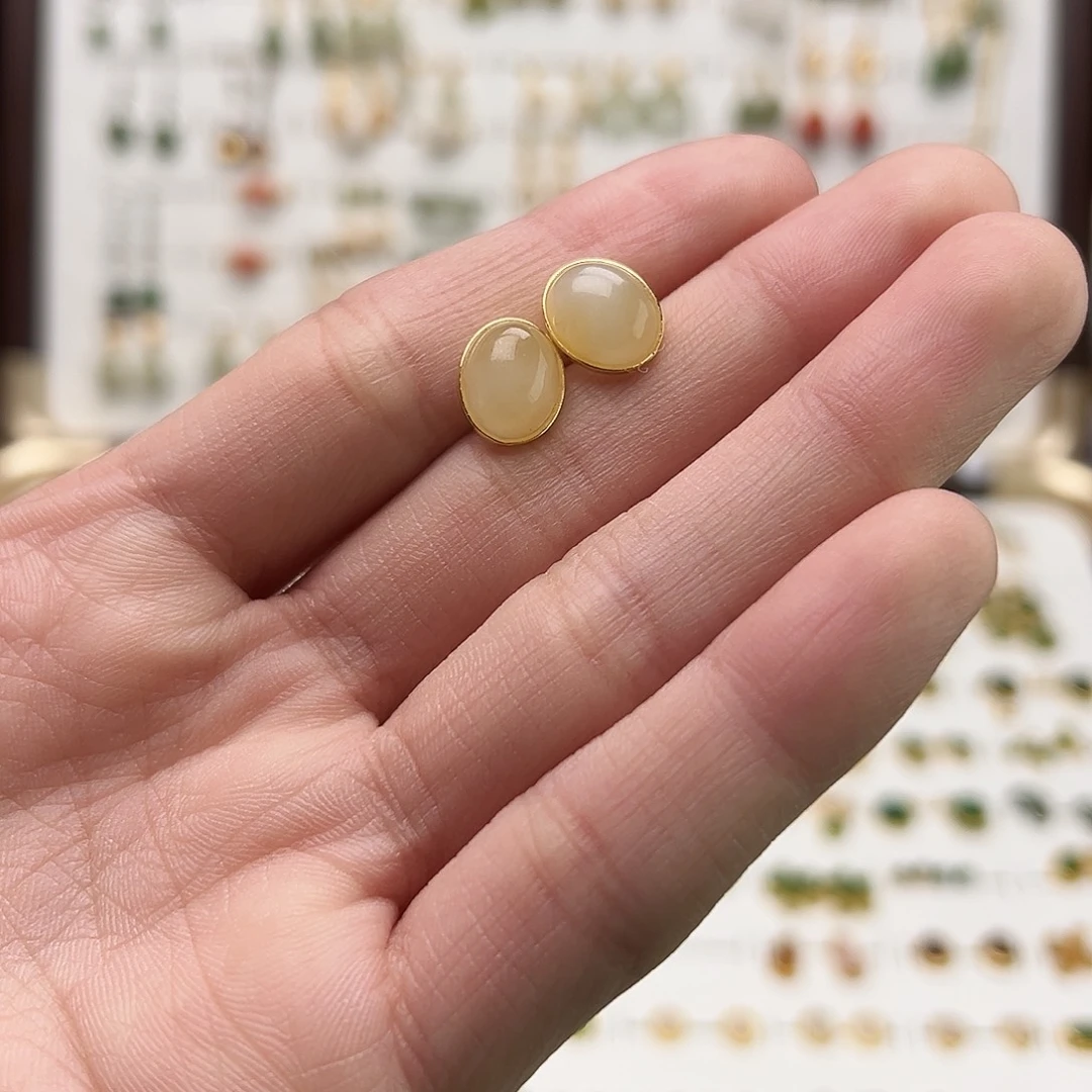 银S925镀金镶嵌和田玉耳饰