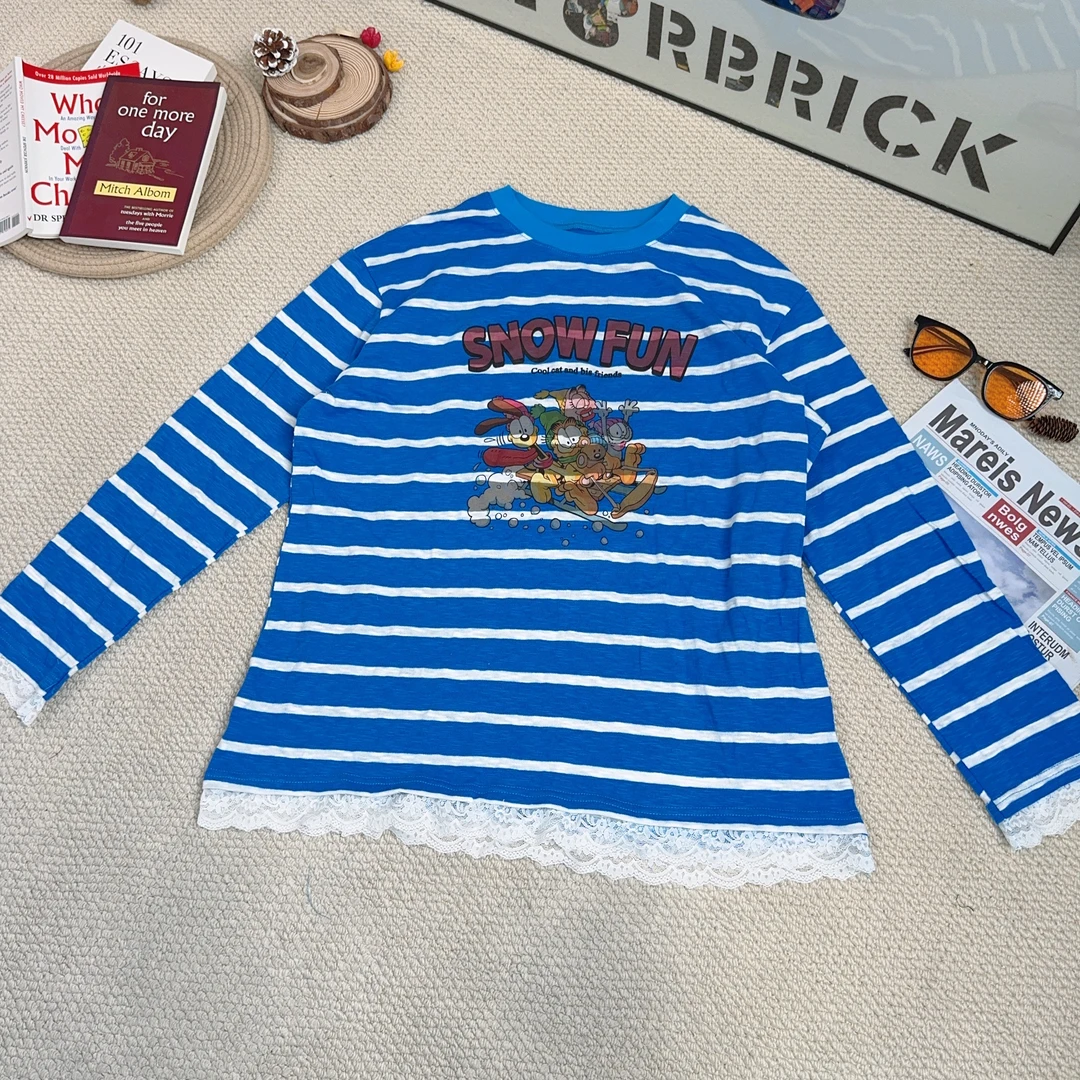 2025早春新款休闲时尚百搭条纹拼蕾丝打底长袖T恤8868