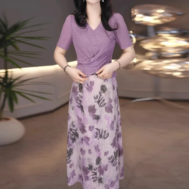紫色碎花假两件连衣裙女2025夏季新款阔太太妈妈时尚显瘦收腰裙子