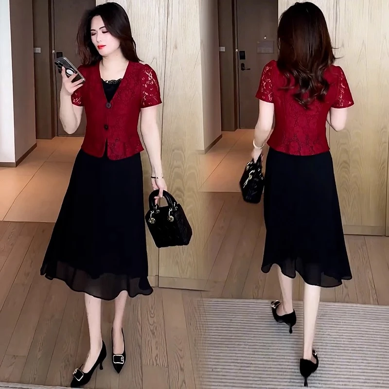 时尚假两件连衣裙女2025夏季新款洋气质显瘦蕾丝拼接中长款a字裙