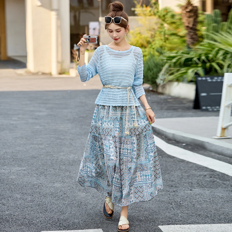 欧货度假风套装女2025春夏新款复古镂空针织上衣碎花半身裙两件套