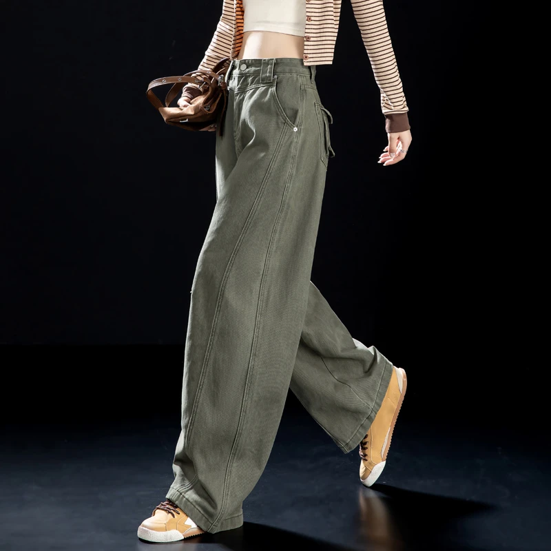 军绿美式复古加绒牛仔裤女2025炸街潮款裤子女冬季抓绒加厚弯刀裤