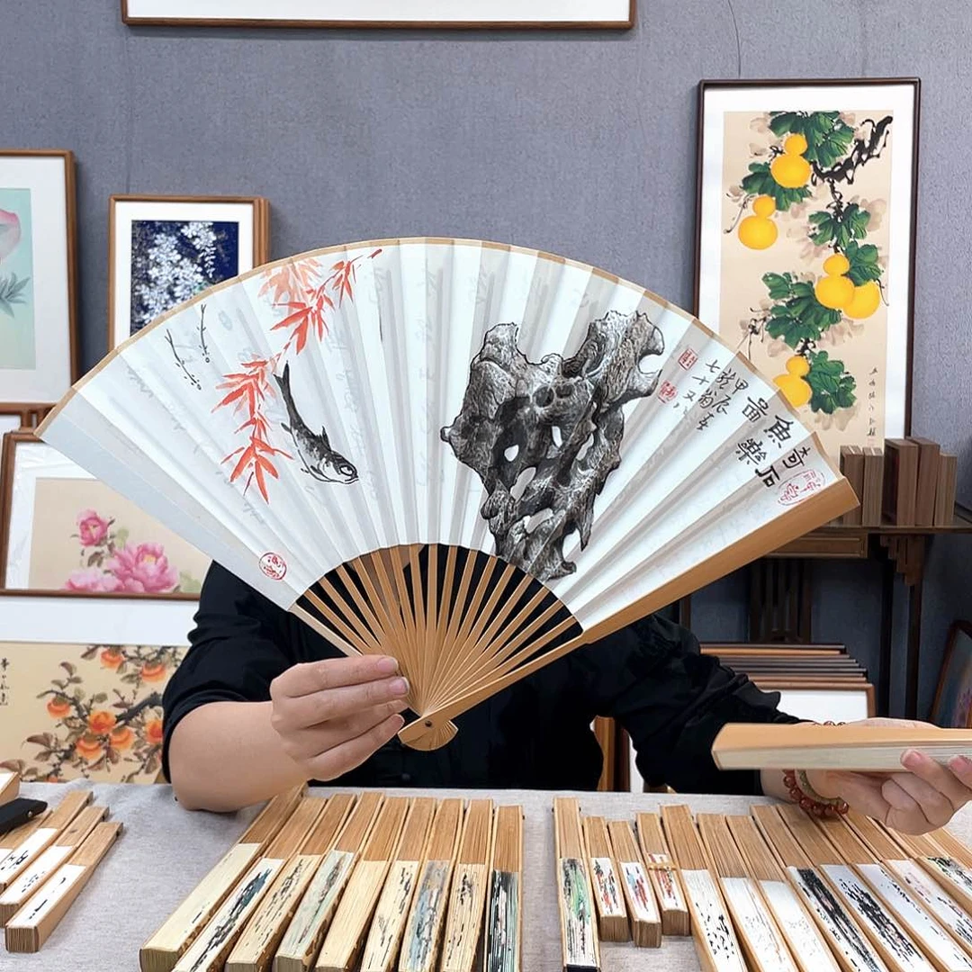 国画95寸玉竹-纯手绘-文玩扇骨（默认粘好）