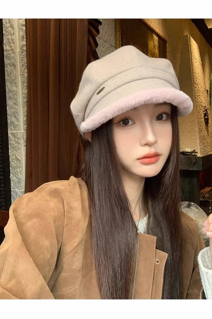 2025新款贝雷帽女加绒保暖毛绒秋冬八角帽加厚时尚堆堆帽子渔夫帽