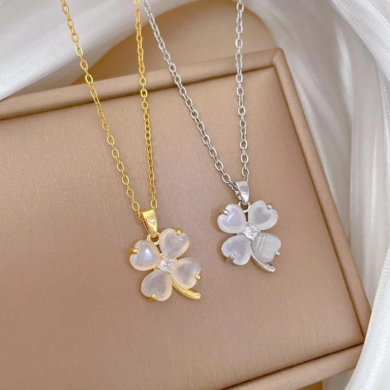 铁合金大理石项链 【钛钢】猫眼幸运草时尚轻奢气质华丽满钻项链