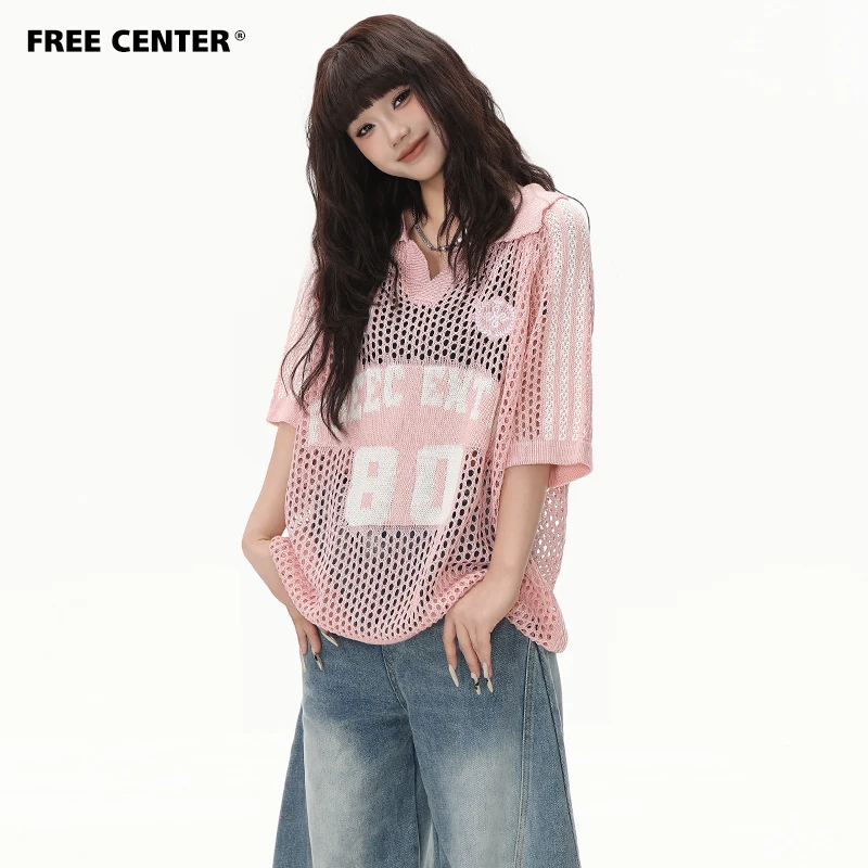 Free Center夏季凉感镂空网眼polo衫男女美式运动风宽松翻领短袖