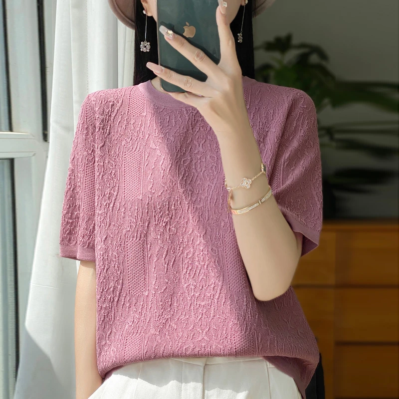 夏季时尚爆款曲珠冰丝立体浮雕圆领短袖丝滑垂顺百搭桑蚕丝打底衫