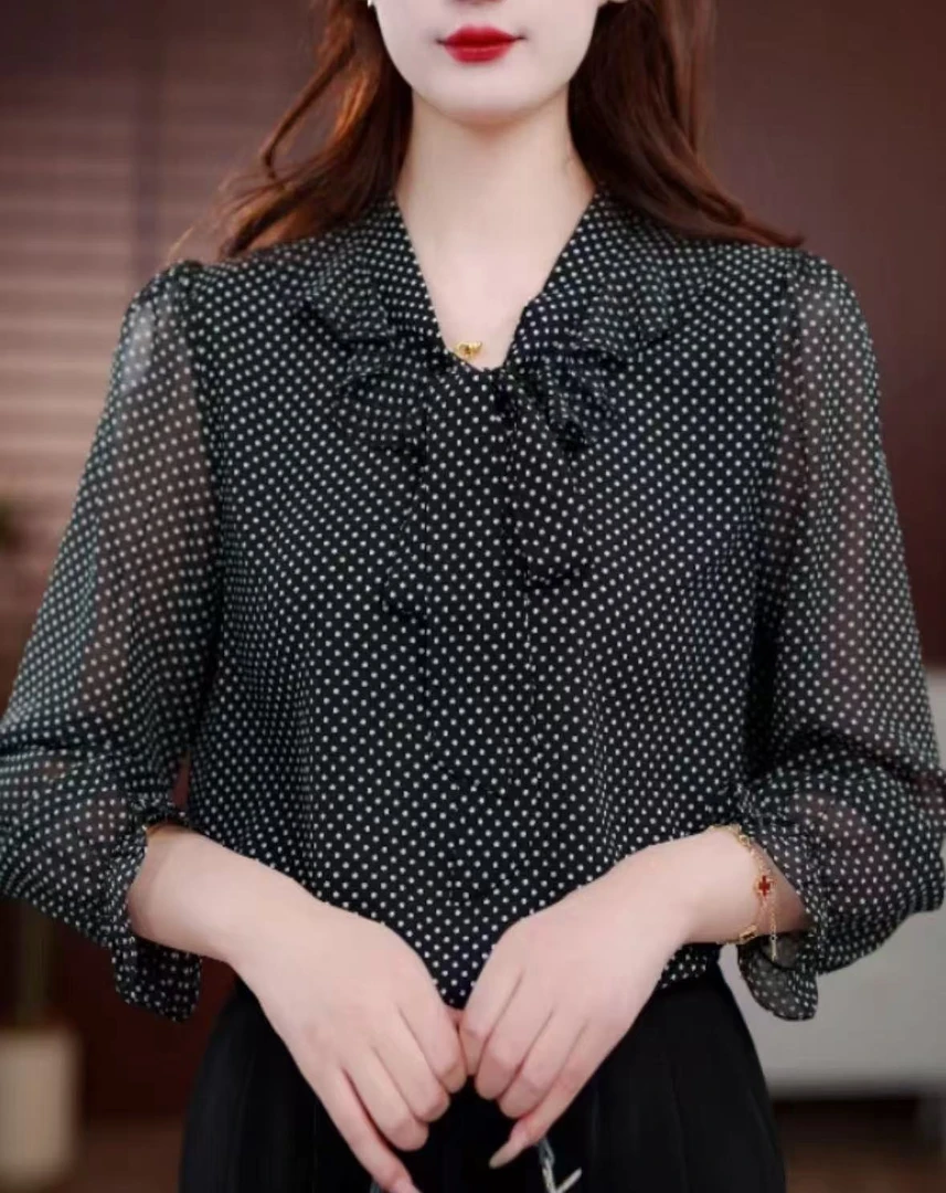 2025高级感气质时尚波点飘带衬衫洋气长袖新款宽松百搭861