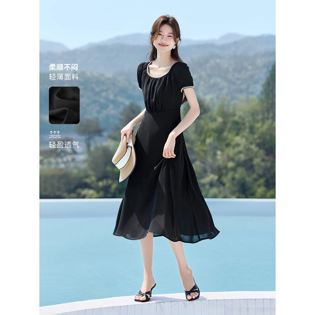 沫晗依美【罗马假日】2025夏小香风织带拼接法式方领收腰显瘦连衣裙