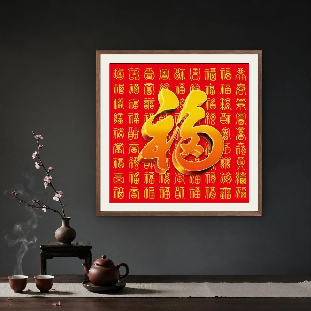 112-50*50百福图中式装饰画木框玄关书房茶室客厅挂画