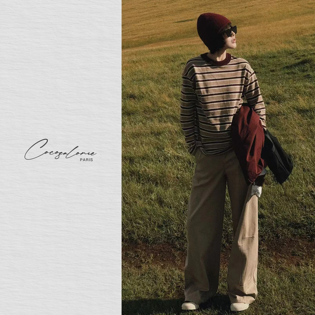 韩彬彬"小泰迪"棉感呼吸艺术撞色松弛感懒人琥珀流光条纹衫2190-2